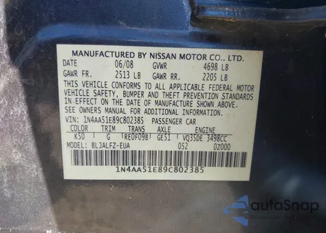 2009 Nissan Maxima 3.5 Sv from USA, damaged, VIN 1N4AA51E89C802385